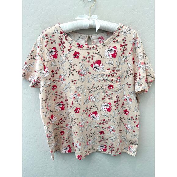 VAN HEUSEN Beige Pink Floral Linen Blend Short Sleeve Top Keyhole Back | Large - Picture 1 of 4
